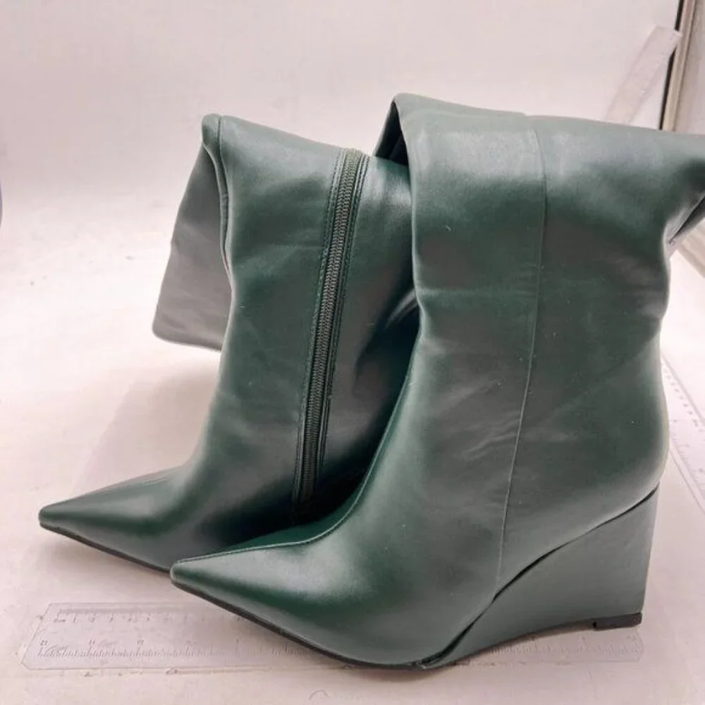 miss left Women Wide Calf Knee High Boots Pointed Toe Wedge High Heels Green